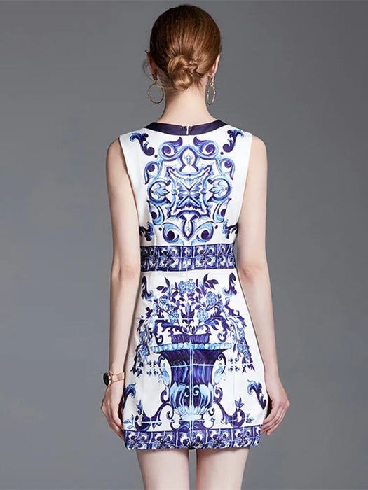 Fashion Runway Summer Short Dress Women's Sleeveless Elegant Blue And White Porcelain Flower Print Holiday Mini Dresses