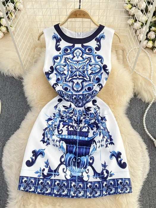 Fashion Runway Summer Short Dress Women's Sleeveless Elegant Blue And White Porcelain Flower Print Holiday Mini Dresses