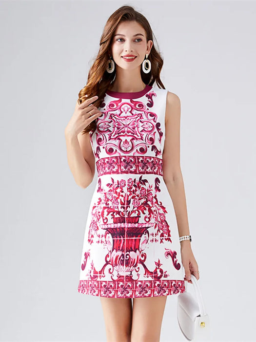 Fashion Runway Summer Short Dress Women's Sleeveless Elegant Blue And White Porcelain Flower Print Holiday Mini Dresses