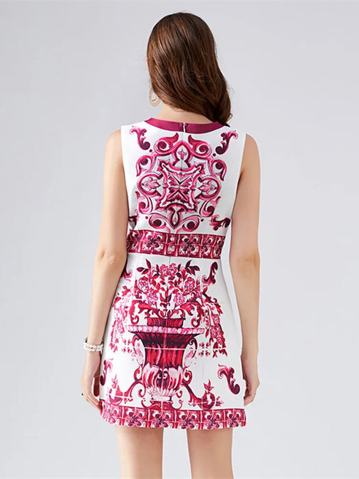 Fashion Runway Summer Short Dress Women's Sleeveless Elegant Blue And White Porcelain Flower Print Holiday Mini Dresses