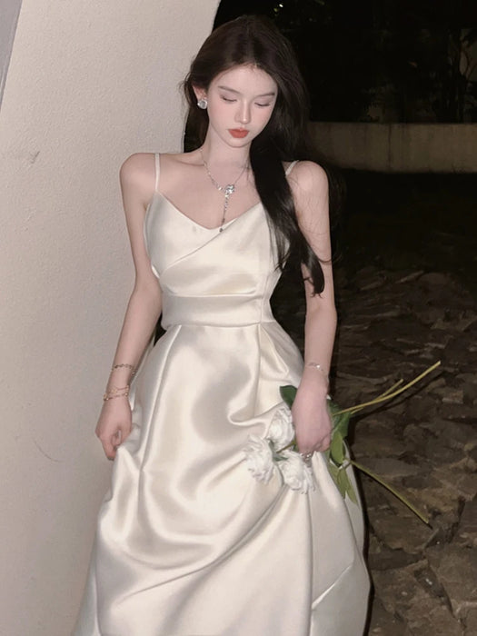 Fashion Holiday Satin Long Evening Dress Women Ladies Clothing White Sexy Strap Low Cut Slim Midi Party Prom Robe