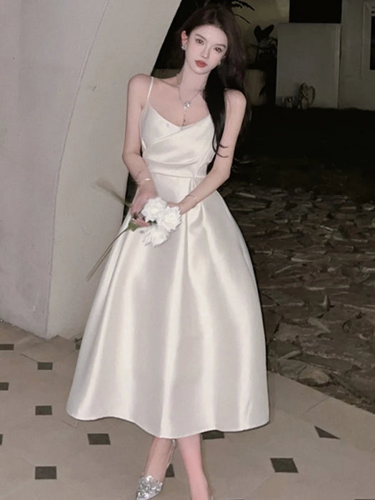 Fashion Holiday Satin Long Evening Dress Women Ladies Clothing White Sexy Strap Low Cut Slim Midi Party Prom Robe