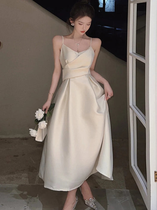 Fashion Holiday Satin Long Evening Dress Women Ladies Clothing White Sexy Strap Low Cut Slim Midi Party Prom Robe