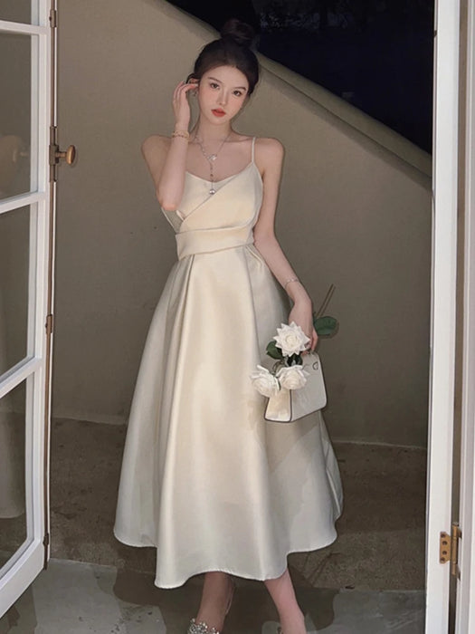 Fashion Holiday Satin Long Evening Dress Women Ladies Clothing White Sexy Strap Low Cut Slim Midi Party Prom Robe