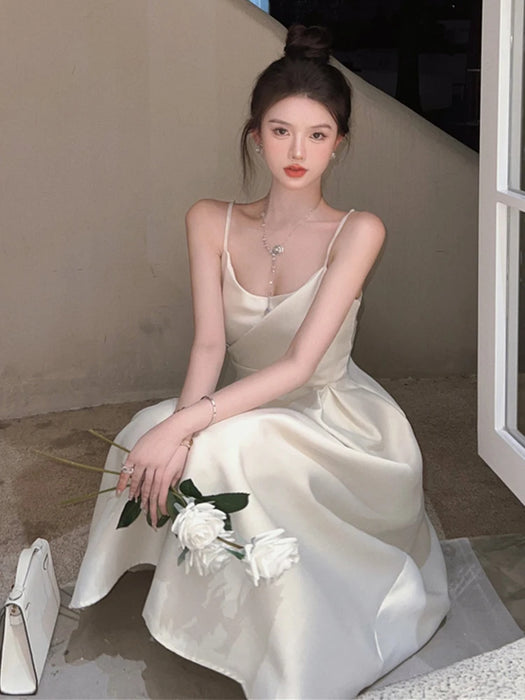 Fashion Holiday Satin Long Evening Dress Women Ladies Clothing White Sexy Strap Low Cut Slim Midi Party Prom Robe