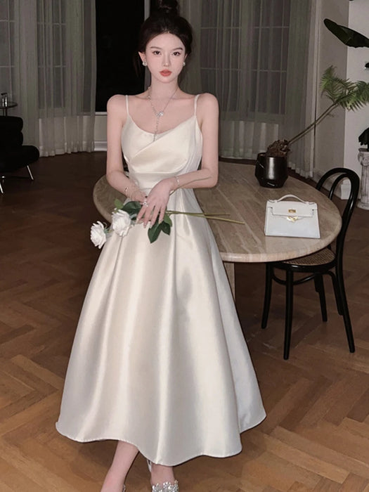 Fashion Holiday Satin Long Evening Dress Women Ladies Clothing White Sexy Strap Low Cut Slim Midi Party Prom Robe