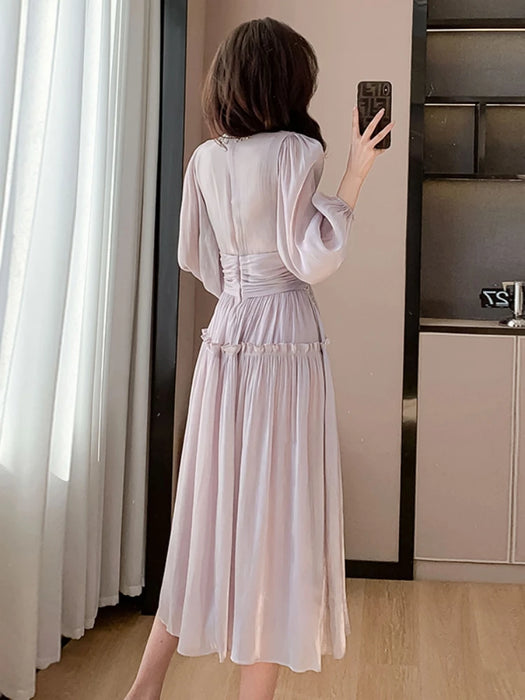 Luxury Folds Bright Silk Party Midi Dresses For Women's Stand Lantern Sleeve Diamonds Tassels Prom Clothes