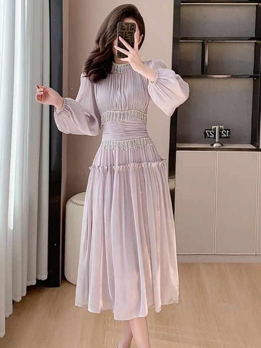 Luxury Folds Bright Silk Party Midi Dresses For Women's Stand Lantern Sleeve Diamonds Tassels Prom Clothes