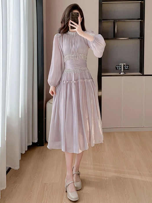 Luxury Folds Bright Silk Party Midi Dresses For Women's Stand Lantern Sleeve Diamonds Tassels Prom Clothes