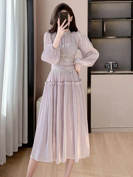 Luxury Folds Bright Silk Party Midi Dresses For Women's Stand Lantern Sleeve Diamonds Tassels Prom Clothes