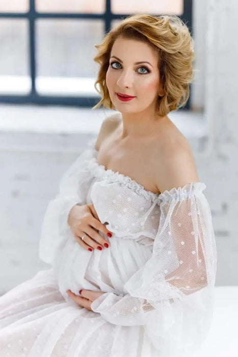 White Dot Tulle Maternity Photography Props Dress See Through Maternity Photo Shoot Long Dress Lantern Sleeve