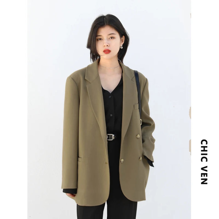 Fashion Women's Blazer Office Lady Long Sleeve Double-breasted Mid-length Coat Ladies Outerwear Stylish