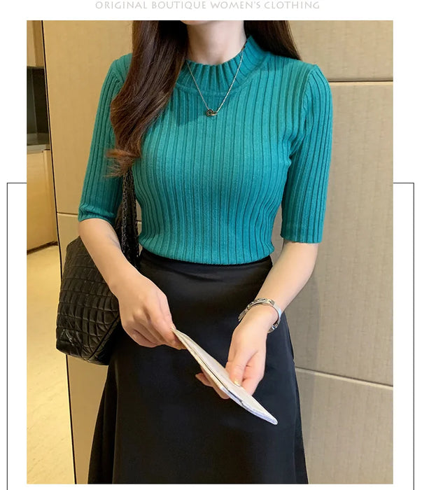 Tops Women Short Sleeve Knit Blouse Women Knitted Pullovers