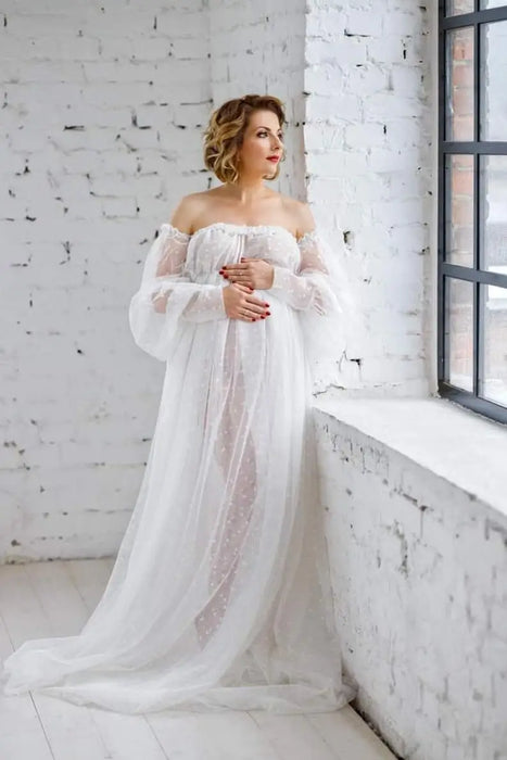 White Dot Tulle Maternity Photography Props Dress See Through Maternity Photo Shoot Long Dress Lantern Sleeve