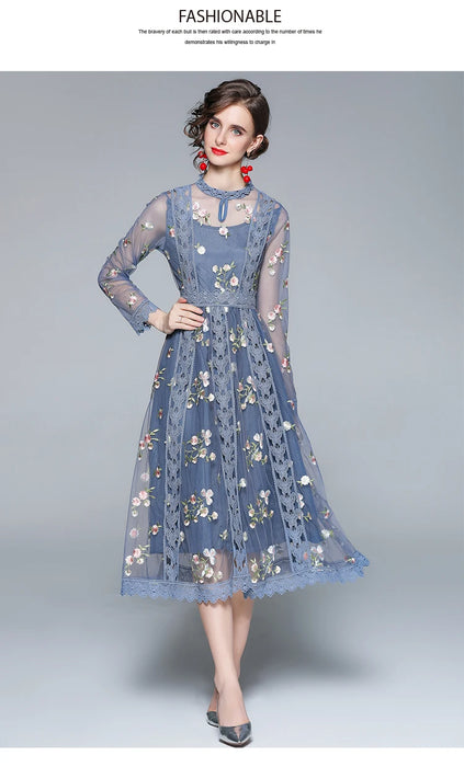 Flowers Embroidery Dress Women Long Sleeve Lace Mesh Floral Blue Elegant Party Ladies Midi