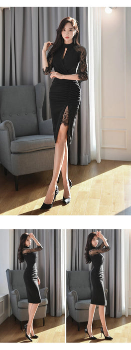 Elegant Office Women Bodycon Dress Lady Formal Sexy Lace Black Hollow Folds Slit Slim Party Club Cocktail Party Dresses
