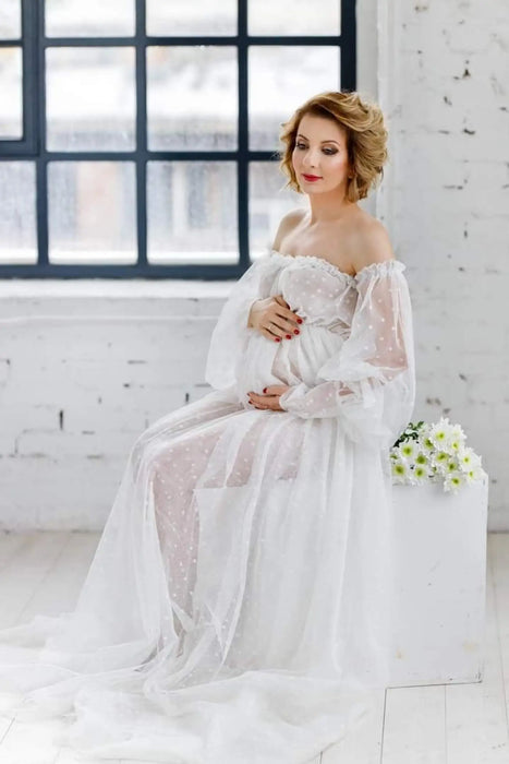 White Dot Tulle Maternity Photography Props Dress See Through Maternity Photo Shoot Long Dress Lantern Sleeve