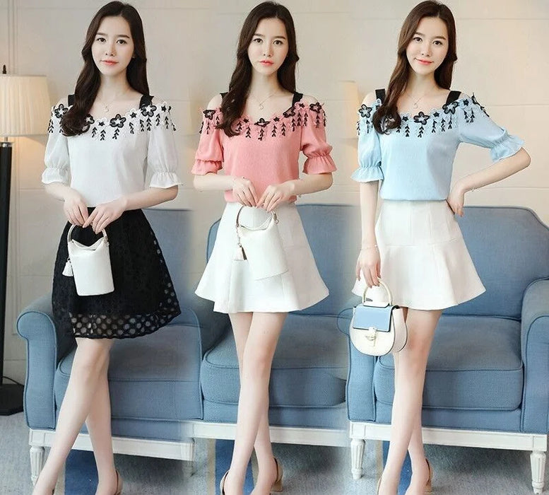 Women Summer Blouses Short Sleeve Chiffon Shirt Sexy Slash Neck Off Shoulder Top