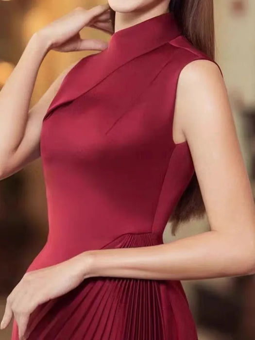 High End Stand Collar Asymmetrical Pleated Long Dress Women's Fashion Elegant
