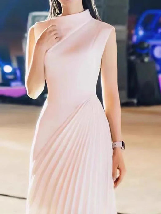 High End Stand Collar Asymmetrical Pleated Long Dress Women's Fashion Elegant