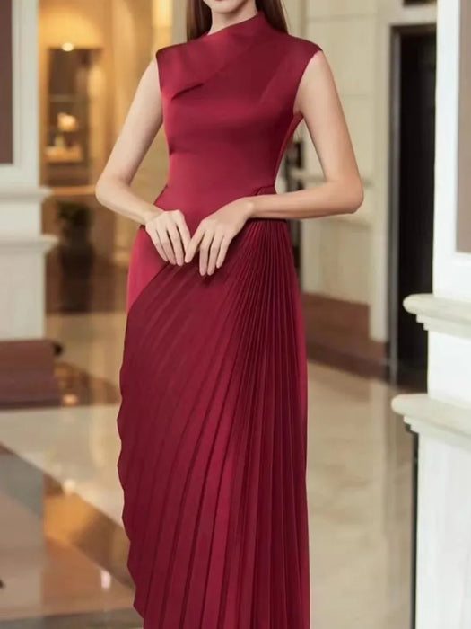 High End Stand Collar Asymmetrical Pleated Long Dress Women's Fashion Elegant