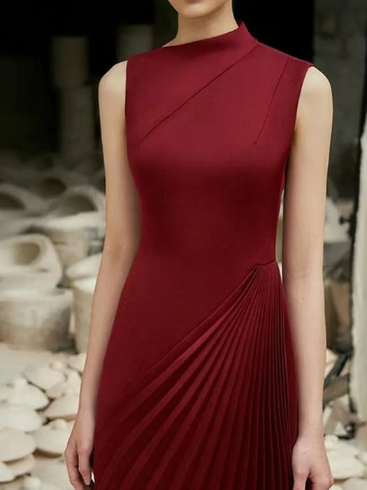 High End Stand Collar Asymmetrical Pleated Long Dress Women's Fashion Elegant