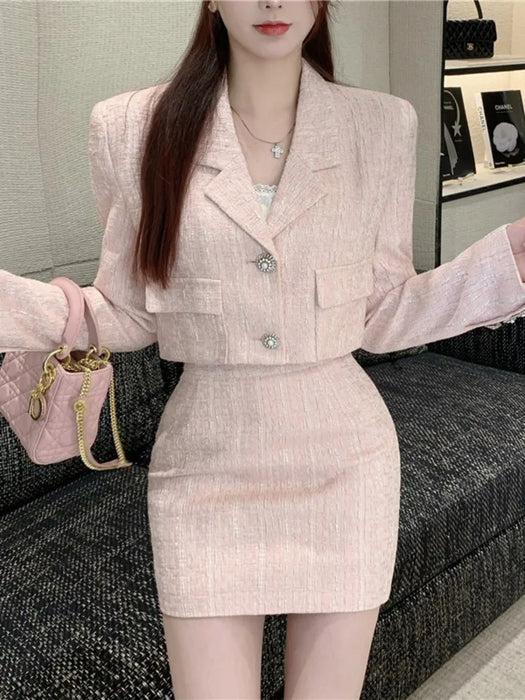 High Quality Tweed Two Piece Set Women Woolen Jacket Coat Crop Top Bodycon Mini Skirt Suits Fall Winter 2 Piece Sets