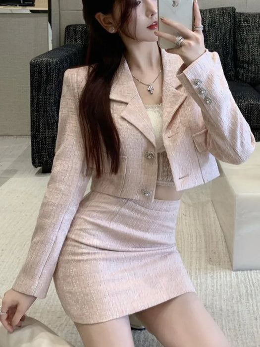 High Quality Tweed Two Piece Set Women Woolen Jacket Coat Crop Top Bodycon Mini Skirt Suits Fall Winter 2 Piece Sets