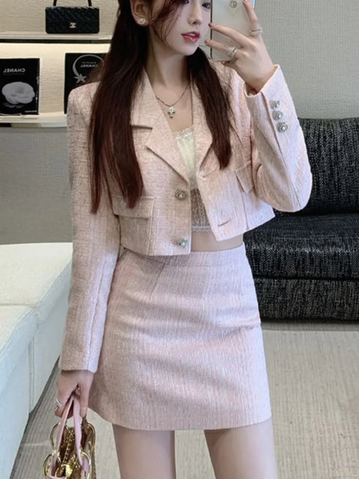 High Quality Tweed Two Piece Set Women Woolen Jacket Coat Crop Top Bodycon Mini Skirt Suits Fall Winter 2 Piece Sets