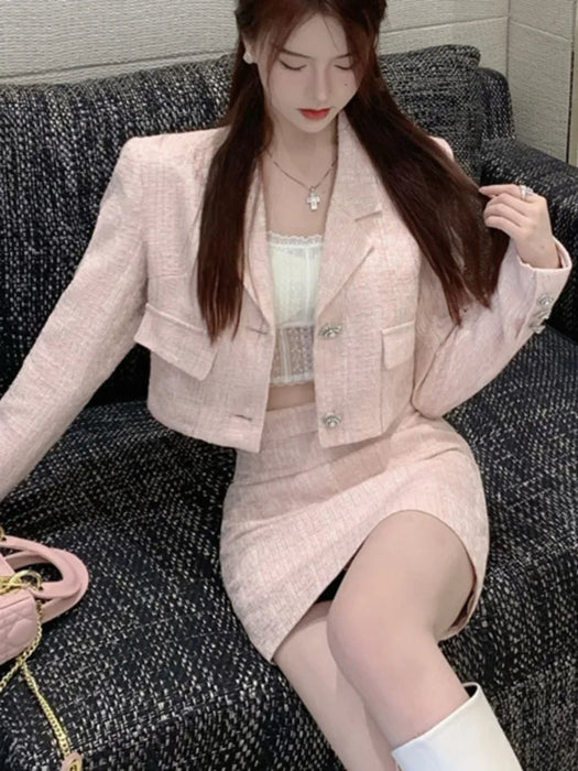 High Quality Tweed Two Piece Set Women Woolen Jacket Coat Crop Top Bodycon Mini Skirt Suits Fall Winter 2 Piece Sets
