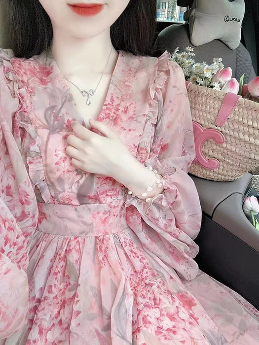 V-Neck Dress Print Fashion Long Sleeve Chiffon Women Pink Clothes Summer