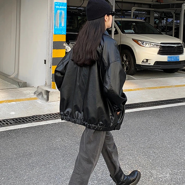 Black Leather Jacket Women Winter Long Moto Biker Zipper Jacket Streetwear
