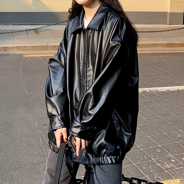 Black Leather Jacket Women Winter Long Moto Biker Zipper Jacket Streetwear