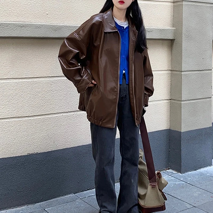 Black Leather Jacket Women Winter Long Moto Biker Zipper Jacket Streetwear