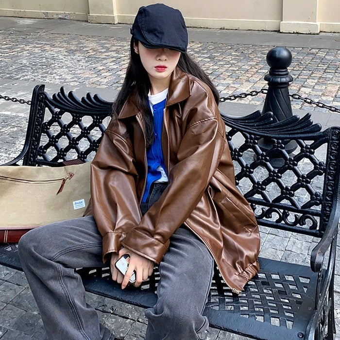 Black Leather Jacket Women Winter Long Moto Biker Zipper Jacket Streetwear
