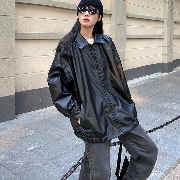 Black Leather Jacket Women Winter Long Moto Biker Zipper Jacket Streetwear