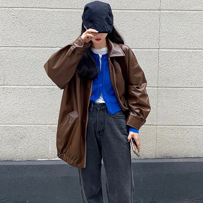 Black Leather Jacket Women Winter Long Moto Biker Zipper Jacket Streetwear
