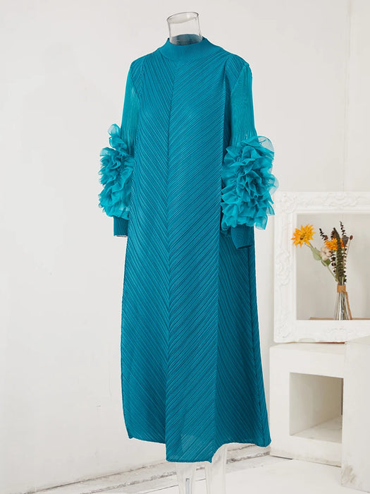 Maxi Pleated Dress Round Neck Spliced Full Sleeve Dresses For Women