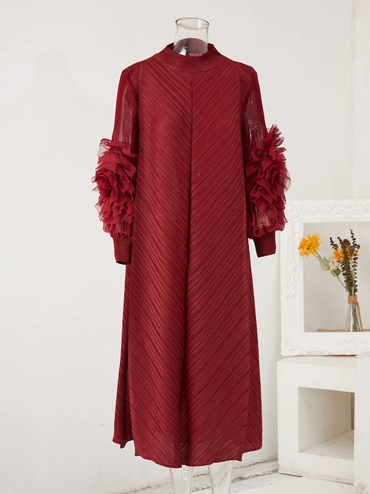 Maxi Pleated Dress Round Neck Spliced Full Sleeve Dresses For Women