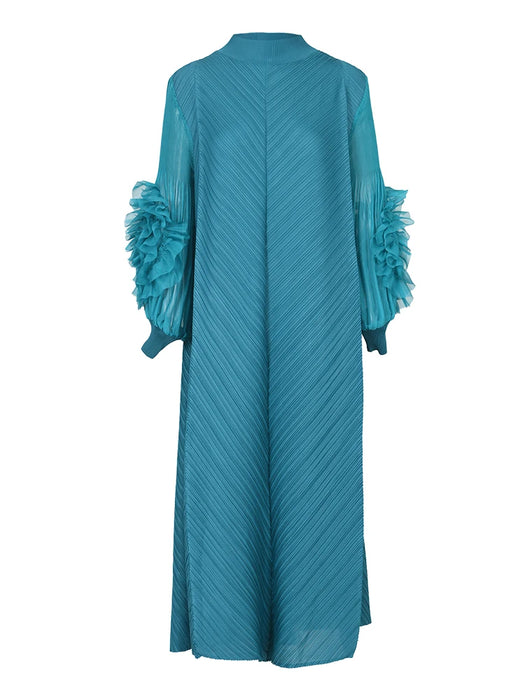 Maxi Pleated Dress Round Neck Spliced Full Sleeve Dresses For Women