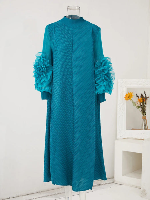 Maxi Pleated Dress Round Neck Spliced Full Sleeve Dresses For Women