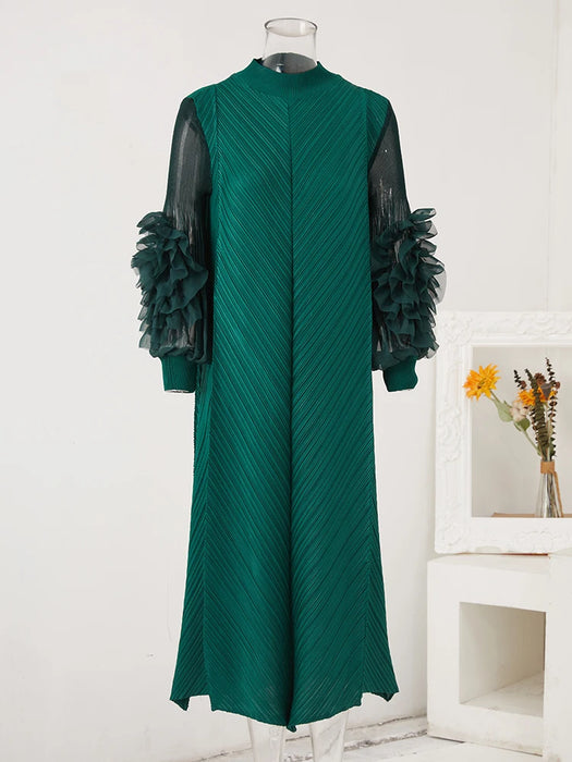 Maxi Pleated Dress Round Neck Spliced Full Sleeve Dresses For Women