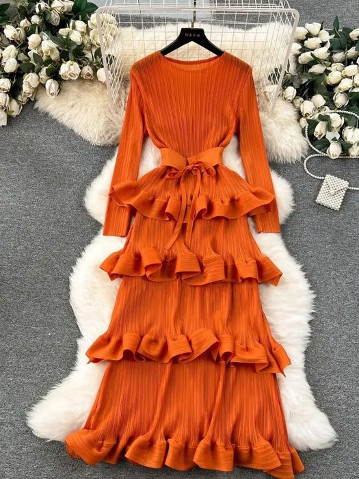 Luxury Cascading Ruffles Pleated Dress For Women Long Sleeve Stretch Bandage Belt Evening Prom Cake Clothing