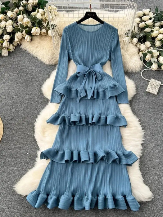 Luxury Cascading Ruffles Pleated Dress For Women Long Sleeve Stretch Bandage Belt Evening Prom Cake Clothing