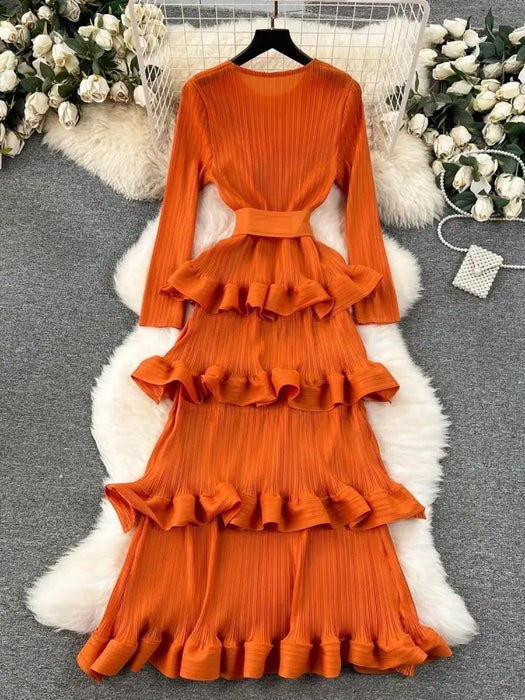 Luxury Cascading Ruffles Pleated Dress For Women Long Sleeve Stretch Bandage Belt Evening Prom Cake Clothing