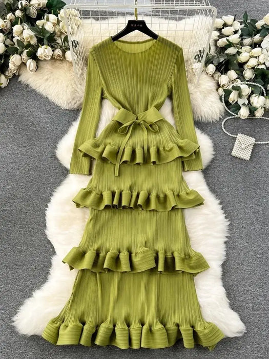 Luxury Cascading Ruffles Pleated Dress For Women Long Sleeve Stretch Bandage Belt Evening Prom Cake Clothing