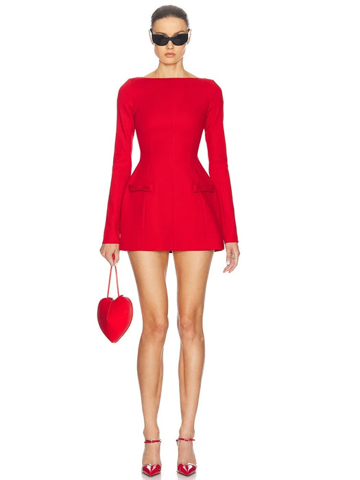 Christmas Party Double Bow Long Sleeve Sexy Mini Dress For Women Fall Winter Solid High Waist Bodycon Club Party Dress Elegant