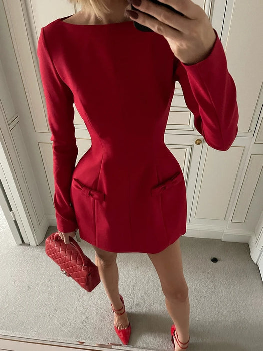 Christmas Party Double Bow Long Sleeve Sexy Mini Dress For Women Fall Winter Solid High Waist Bodycon Club Party Dress Elegant