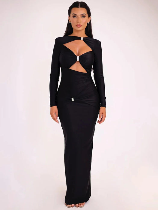 Holiday Party Elegant Hollow Out Long Sleeve Sexy Maxi Dress For Women Solid Color Slim Fit Cut Out Club Party Long Dress New