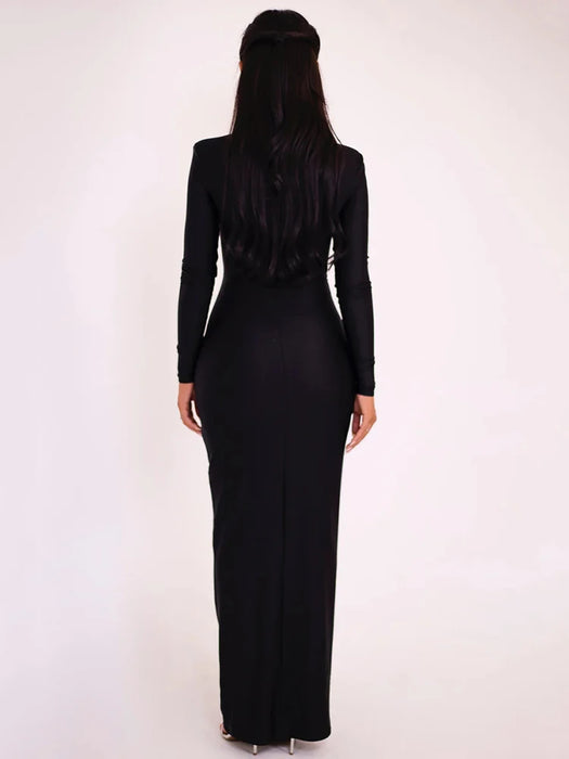 Holiday Party Elegant Hollow Out Long Sleeve Sexy Maxi Dress For Women Solid Color Slim Fit Cut Out Club Party Long Dress New